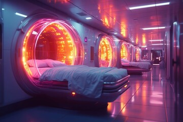 Wall Mural - Futuristic Hospital Corridor with Glowing Beds