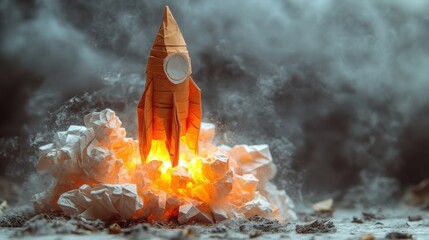 Poster - An origami rocket mid-explosion, crafted from torn and layered paper, frozen in dynamic motion against a smoky gray backdrop. Artistic destruction.