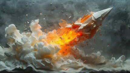 Poster - An origami rocket mid-explosion, crafted from torn and layered paper, frozen in dynamic motion against a smoky gray backdrop. Artistic destruction.