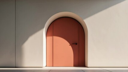 Poster - minimalist architectural design showcasing a curved terracotta red door integrated into a clean, smo