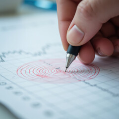 Poster - hand holding pen draws concentric circles on graph paper, illustrating data analysis or research. focus is on precision and detail