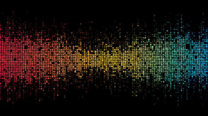 Poster - Vibrant digital art featuring gradient of colorful pixels transitioning from red to yellow to blue against black background, creating dynamic