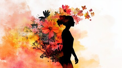 Aufkleber - Silhouette of a woman is surrounded by flowers and leaves in a colorful abstract design against white backdrop.