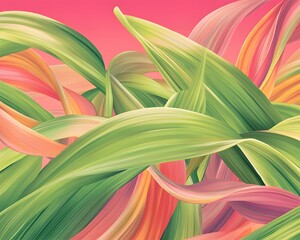 Wall Mural - Abstract Swirling Green Pink Leaves Botanical Illustration