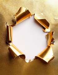 Aufkleber - Golden paper with a hole. Torn gold foil with space for text or image. Shiny metallic surface with ragged edges on white backdrop.