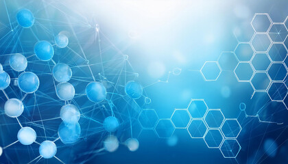 Poster - Abstract blue background with molecule structure and hexagon shapes. Concept for science, technology, medicine, chemistry, network, communication.