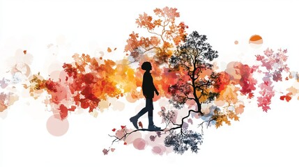 Aufkleber - silhouette person walks on branch surrounded by colorful autumnal foliage in digital illustration.