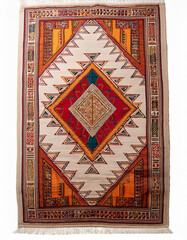 Poster - Handmade wool rug with geometric diamond pattern and fringe. Traditional oriental carpet with colorful design.