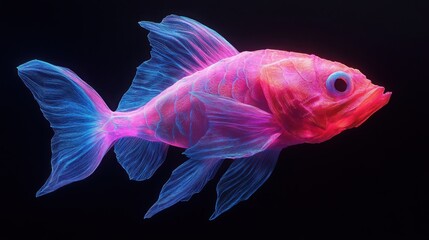 Poster - A glowing neon origami fish under blacklight, its electric pink and blue colors pulsating against the dark background