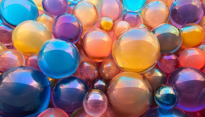 Poster - Background of colorful iridescent spheres. Abstract wallpaper of pearl bubbles with rainbow gradient. Decorative backdrop of holographic shiny balls.
