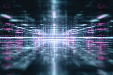 Poster - Digital landscape with vivid pink and blue lights reflecting on a smooth surface during a futuristic atmosphere