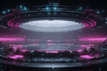 Poster - Futuristic arena with glowing pink lights and high-tech elements in a dark environment