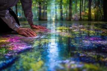 Poster - Engaging hands explore colorful projection on forest floor in a serene environment