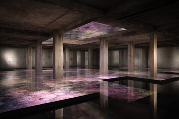 Poster - Unique underground space featuring reflective surfaces with vibrant patterns illuminated by soft light