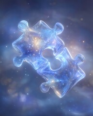 Wall Mural - Two Interlocking Crystal Puzzle Pieces Glow with Cosmic Nebulae Design Perfect for Solutions and Connection Concepts