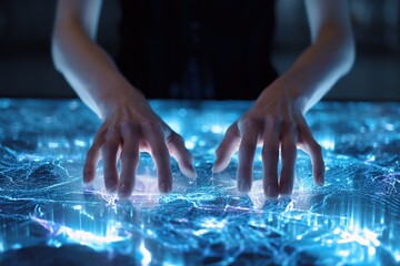 Poster - Hands interact with illuminated digital display showcasing intricate patterns and glowing effects at a modern exhibition