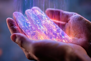 Poster - Hands holding glowing crystals reflecting vibrant colors in a mystical setting with a soft, ethereal backdrop