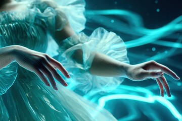 Poster - Elegance of movement captured in a glowing phantom-like dance performance during a nighttime artistic exhibition