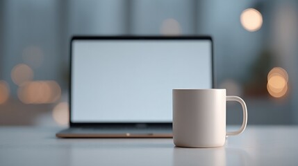 Poster - minimalistic setup shows laptop with blank screen and stylized coffee mug in foreground
