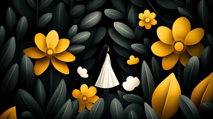 Aufkleber - woman in white dress stands surrounded by large stylized yellow flowers and dark green leaves in a d