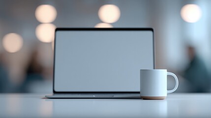 Poster - minimalistic setup shows laptop with blank screen and stylized coffee mug in foreground