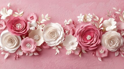Poster - Delicate Pink Paper Flowers Arrangement on Soft Textured Background