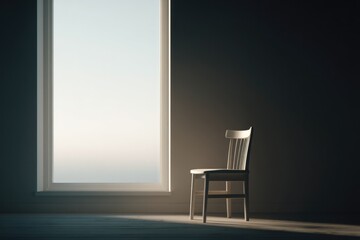 Poster - single chair in empty room by window symbolizing anticipation with ample copy space