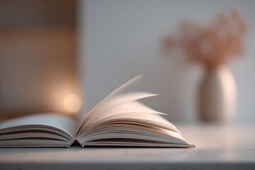 Aufkleber - single notebook lies open on table with large copy space surrounding it and minimalistic decor in background