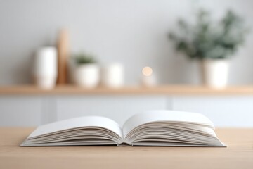 Aufkleber - single notebook lies open on table with large copy space surrounding it and minimalistic decor in background