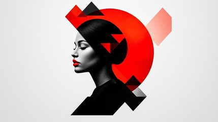 Aufkleber - Woman with closed eyes is pictured in profile, surrounded by red and black geometric shapes on a white background.