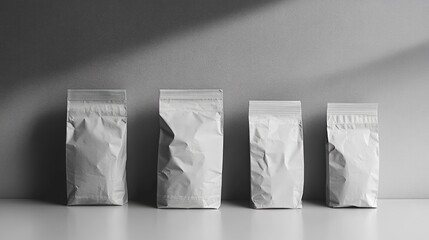 Poster - Minimalist Display of Four Crumpled Silver Packaging Bags on Surface