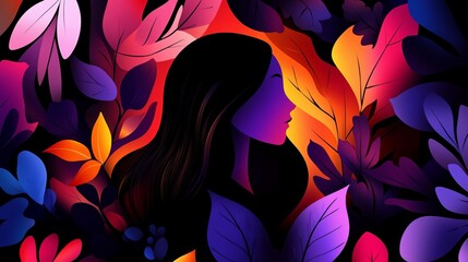 Aufkleber - Woman's silhouette appears among vibrant, colorful leaves in this digital illustration against a dark backdrop.