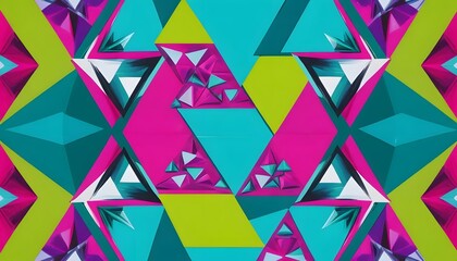 Aufkleber - Kaleidoscopic arrangement of triangles in vibrant pink teal and lime green color palette design