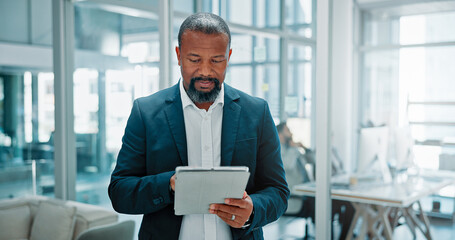 Poster - Office, businessman and reading with tablet for financial advisor, corporate website and investment. Career, mature person and finance consultant with digital for risk management, report and research