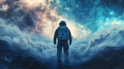Wall Mural - Astronaut confronts a breathtaking cosmic scene.