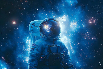 Wall Mural - Astronaut in a vast cosmic nebula, bathed in blue light.