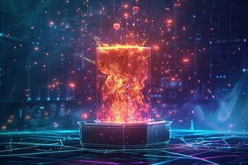 Poster - Abstract technological portal emitting fiery particles with digital hearts