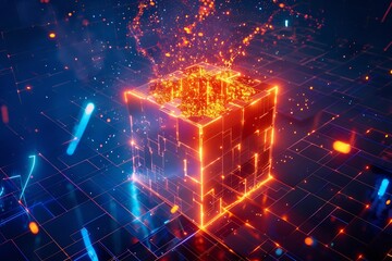 Fototapete - Abstract glowing cube amidst a network of digital circuits and sparkling particles
