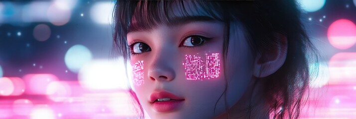 Poster - close up portrait young woman glowing pink blue lights bokeh background