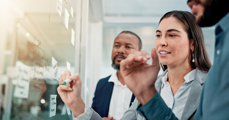Aufkleber - Collaboration, glass wall and writing with business people in office for brainstorming or strategy. Conversation, ideas or sticky notes with employee group in corporate workplace for development