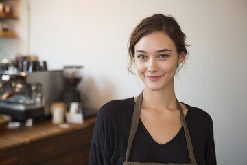 Poster - barista standing with subtle smile inside minimalist coffee shop