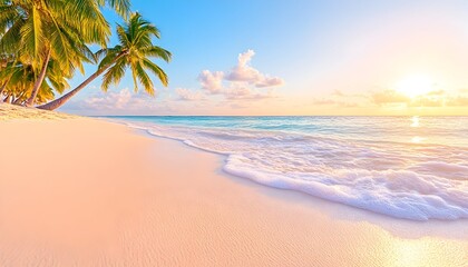 Wall Mural - idyllic sunrise over a pristine beach with gentle waves lapping the shore under a clear sky, palm tr
