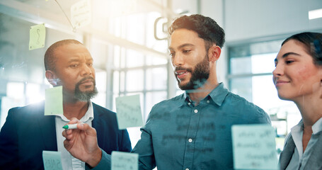 Aufkleber - Planning, ideas and business people at glass with collaboration, sticky note and brainstorming in office. Strategy, problem solving and teamwork with moodboard for growth, development and discussion