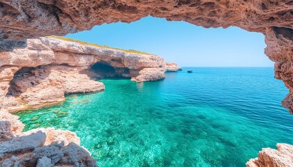 Wall Mural - serene coastal view framed by a natural rock archway, showcasing crystal-clear turquoise waters and 