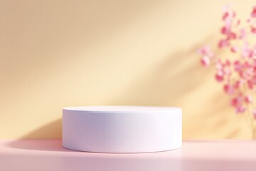 Poster - minimalist airy scene with floating empty podium casting soft shadow beneath tranquility in simplicity