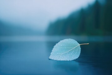 Poster - minimalistic close-up photo of solitary leaf resting on serene water surface reflecting its intricat