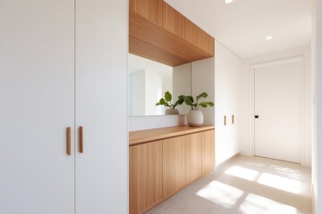 Poster - modern entryway with sleek minimalistic design white walls wooden elements offering abundant copy space