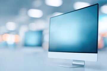 Poster - modern workspace setup for digital presentations featuring interactive screens and blurred audience in background