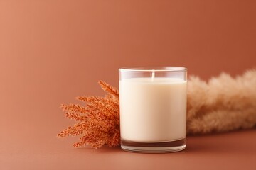 Poster - single candle emits delicate autumn fragrance placed on smooth solid color background