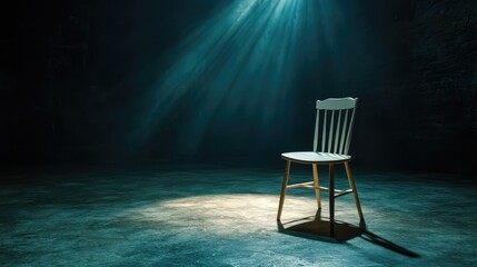 Poster - A Minimalist White Chair Illuminated by Dramatic Light Rays in a Dark, Grungy Room Setting, Evoking Feelings of Solitude and Reflection
